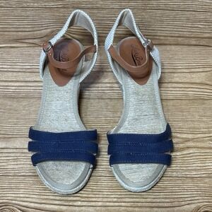 Lucky Brand Shoes Sz 9.5 Kylo Blue Suede Cream Espadrille Wedge‎ Strappy Sandals